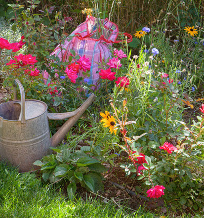 Poted plants on a wood porch overlooks the lwn